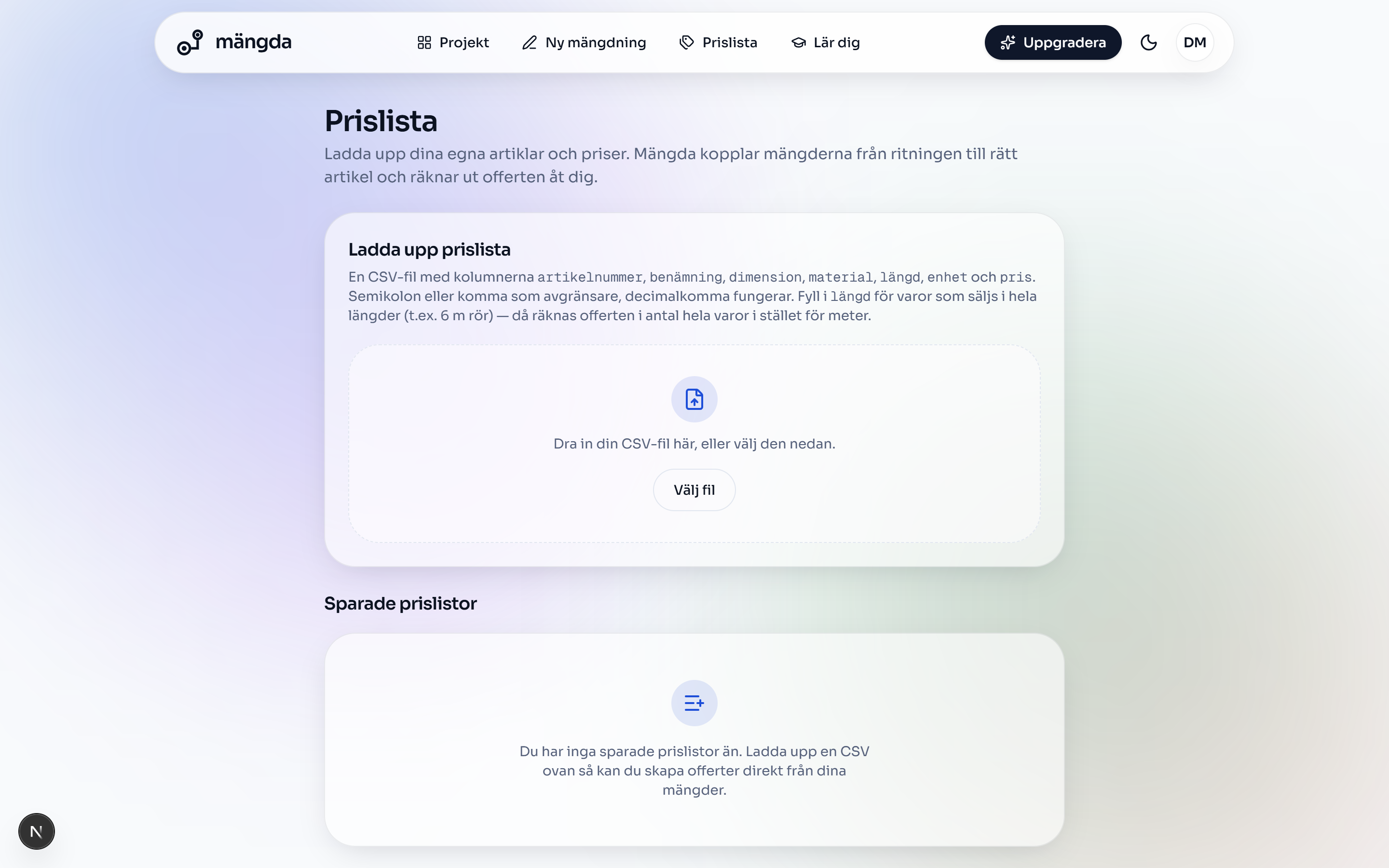 The price list: upload the CSV and check the columns in the preview.